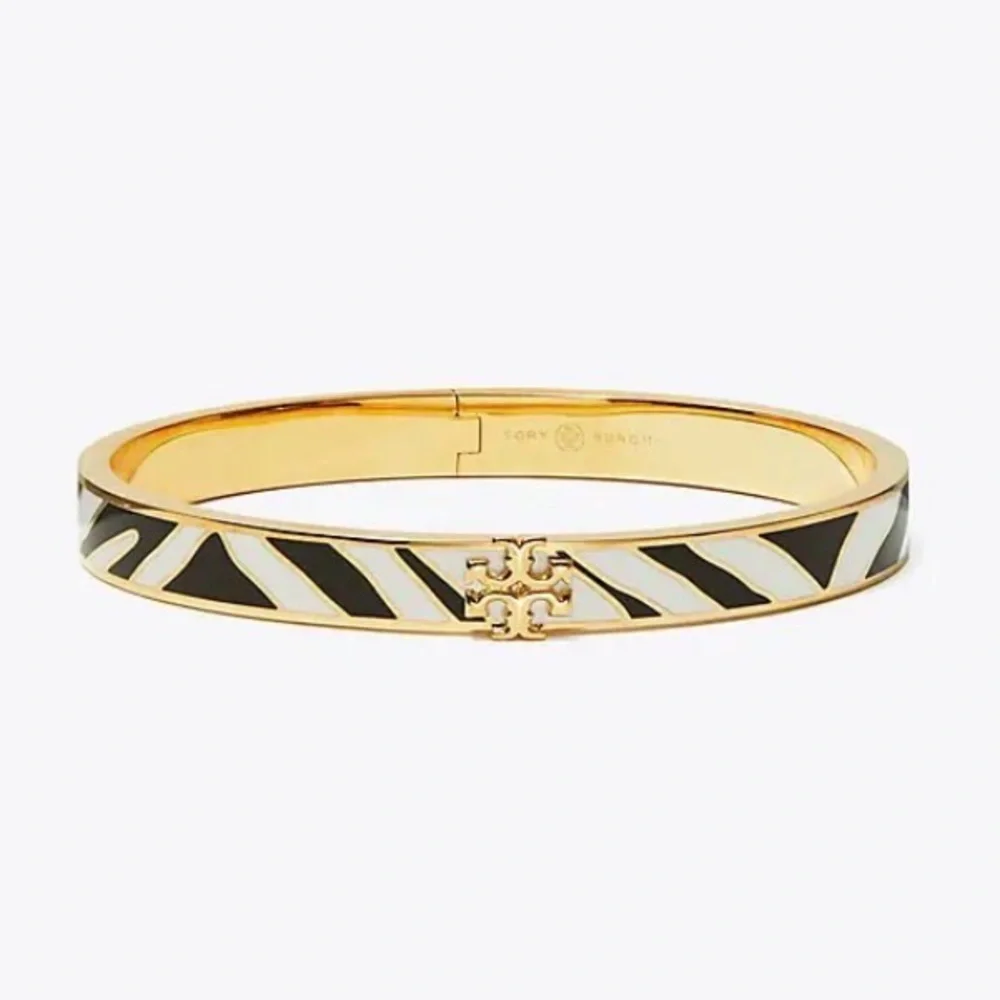 Tory Burch Zebra Print Kira Enamel 7mm Gold Hinge Bracelet Style #153654 NWT
